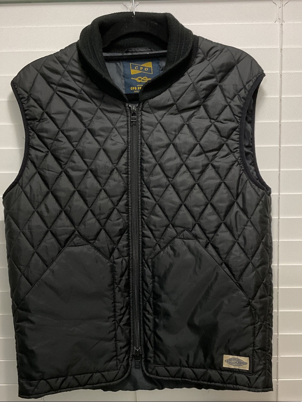 CPO Quilted Black Men's Vest with Knit  Rib Collar/ Trim